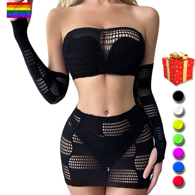 Plus Sexy Lingerie Fishnet Mesh Bra+Mini Short Skirt Underwear Set with gloves Girl Boy GAY Sissy Friend Women Men