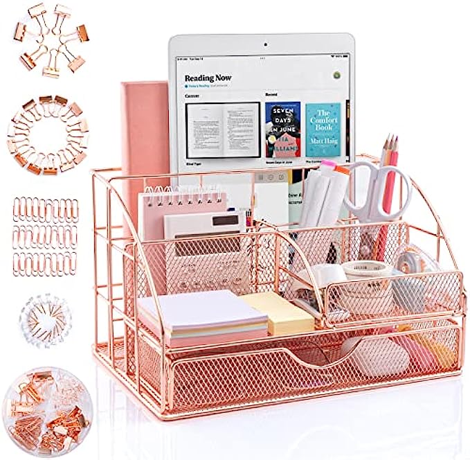 Rose Gold Desk Organizer and Accessories, ARCOBIS Upgraded Large Office Supplies Desk Organization for Women, Cute Desk Caddy with Pen Holder, 6 Compartments+1 Large Drawer+72 Clips Set